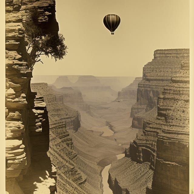 a stunning vintage photograph of a hot air balloon over the Grand Canyon by Gaspard-Félix Tournachon  by @Laura Nadia