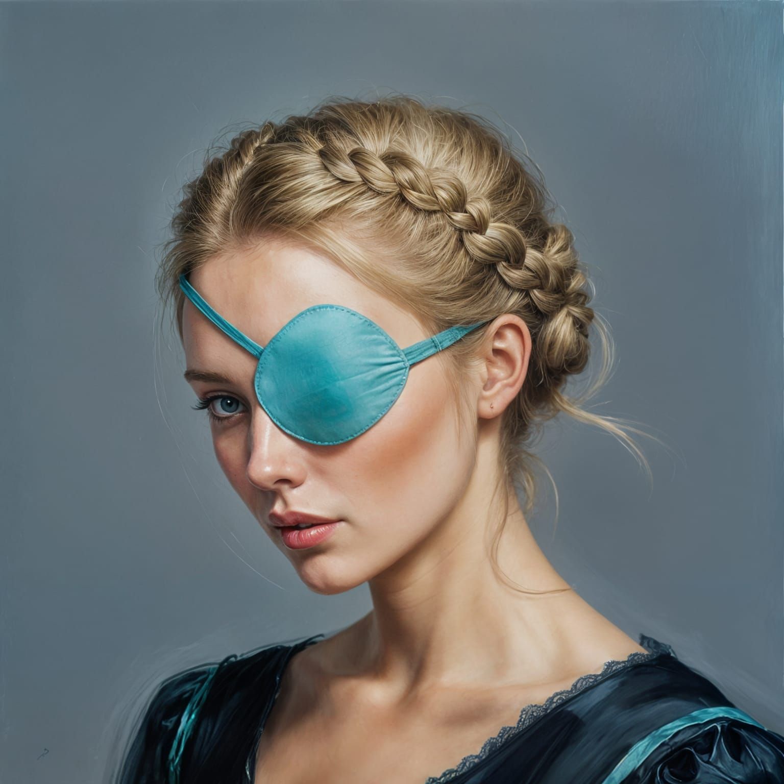 Girl with updo braided blonde hair wearing turqoise eyepatch