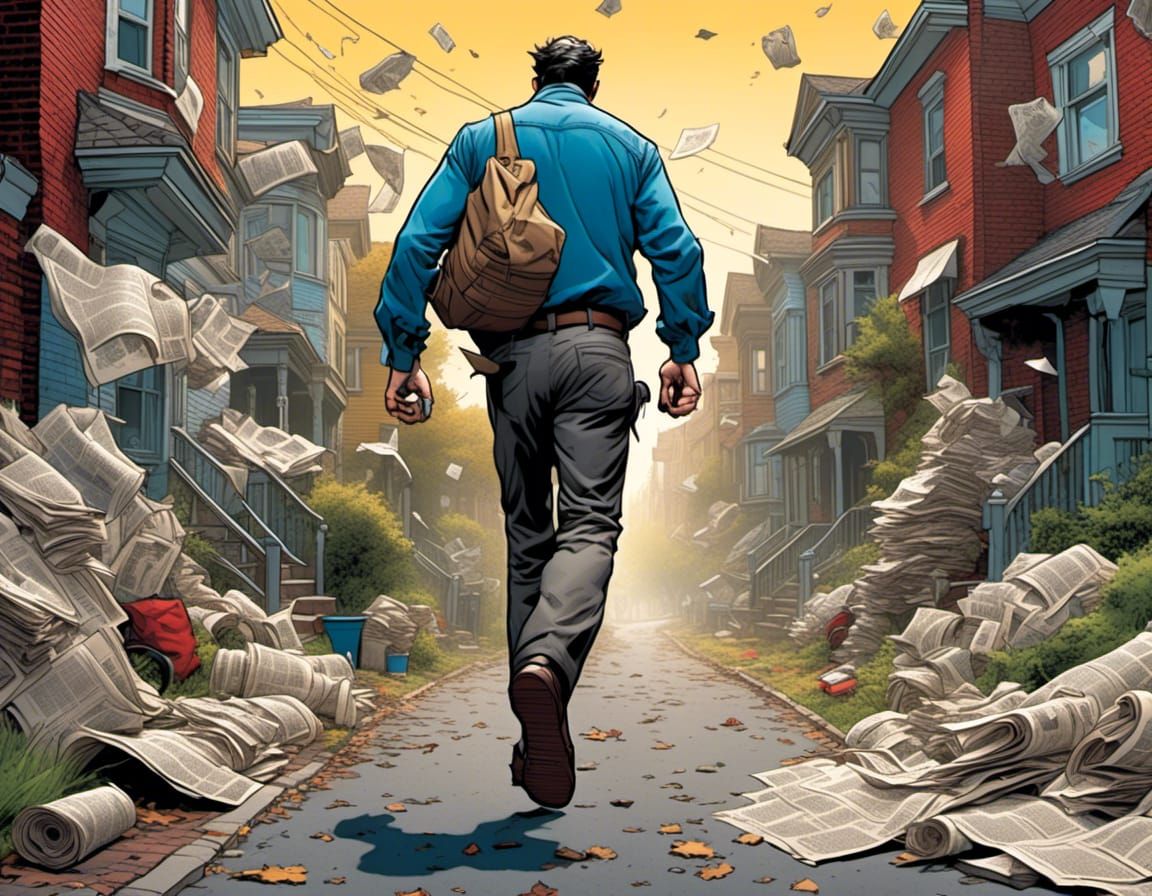 <lora:Comic Book Style:1.0> Man walking through the neighborhood paying no heed to the newspapers scattered across the path behind him. 3d p...