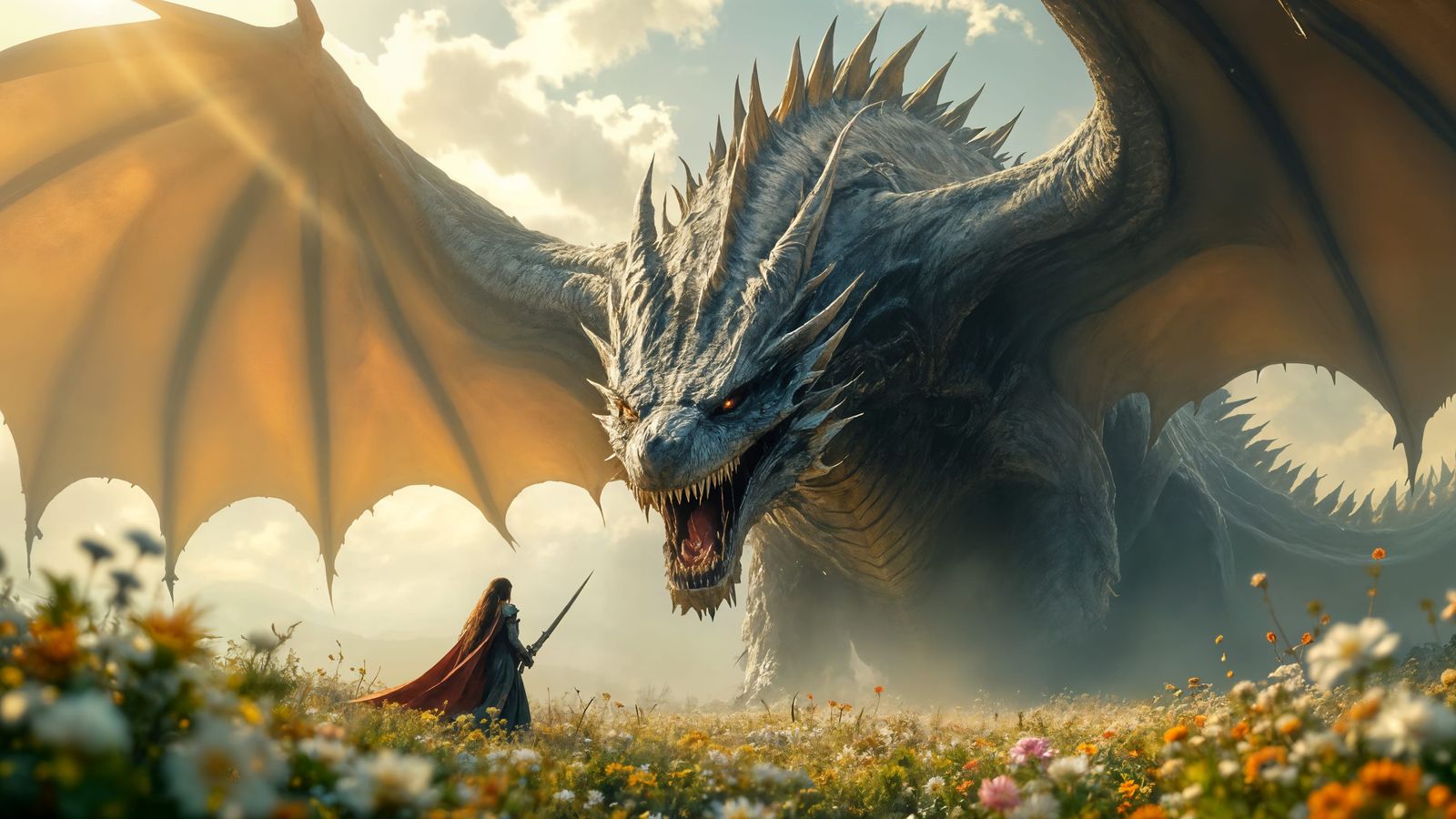 Dragon's Roar in Flower Meadow: Surreal Confrontation