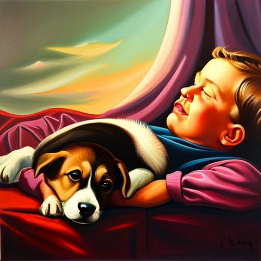 Puppy asleep with a baby James Gurney Jim Burns warm colors ...