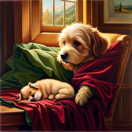 Puppy asleep with a baby James Gurney Jim Burns warm colors ...