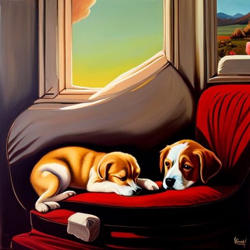 Puppy asleep with a baby James Gurney Jim Burns warm colors ...