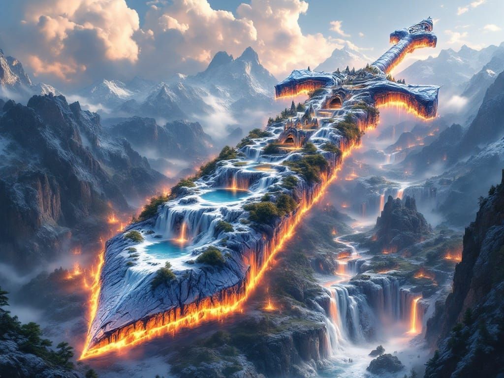 A colossal giant sword made of ice and fire, with cracked and broken sides containing a fantasy wonderland ...  by @AutumnBear