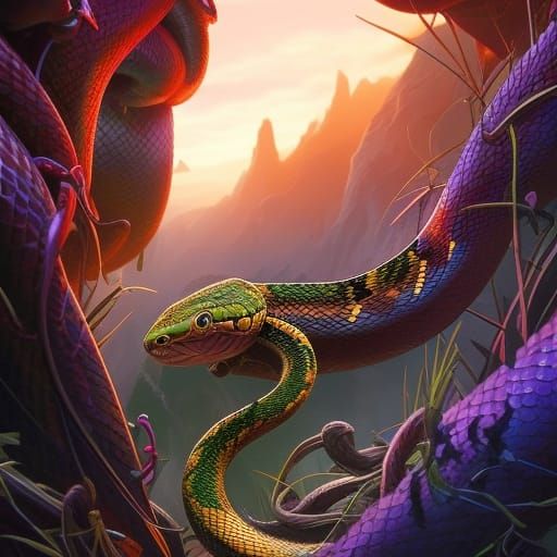 snakes crawling ,,fantasy, highly detailed, by wlop, by artgerm, by dan