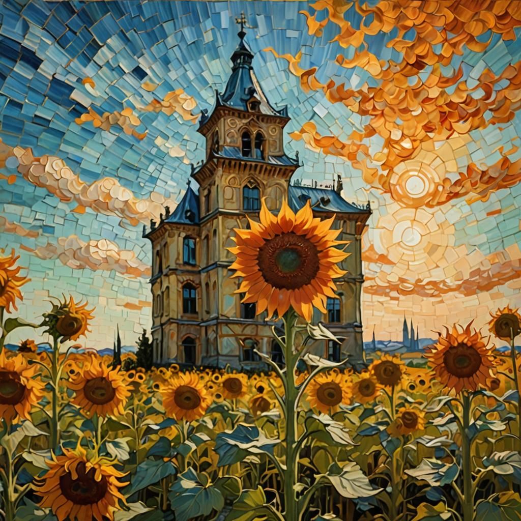Vincent Van Gogh turned into a flower in front of this Sunflower Tower a surreal art piece,  a mysterious object in the shape ...  by @Papa Garry
