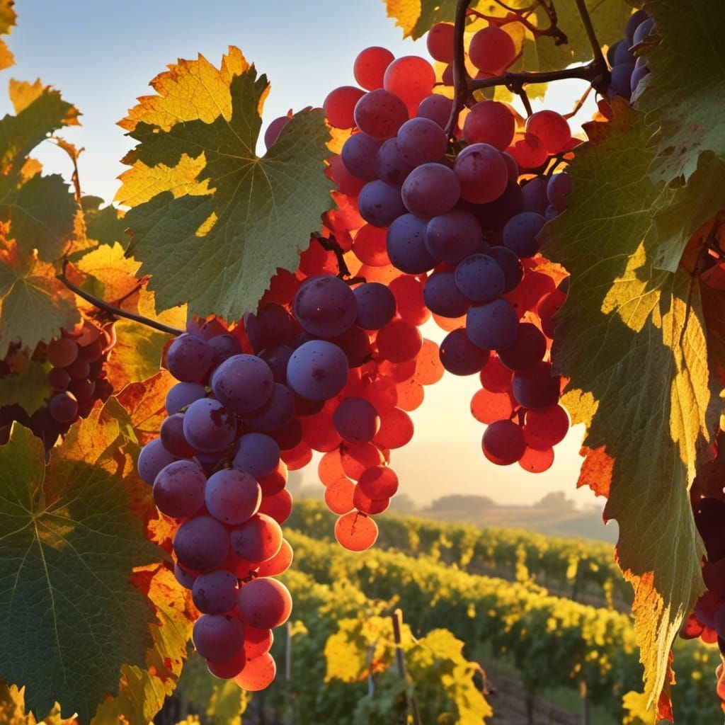 a bunch of translucent red grapes, back lit by vineyard dawn sun, by Michelangelo. <lora:di Michelangelo:1.0> 