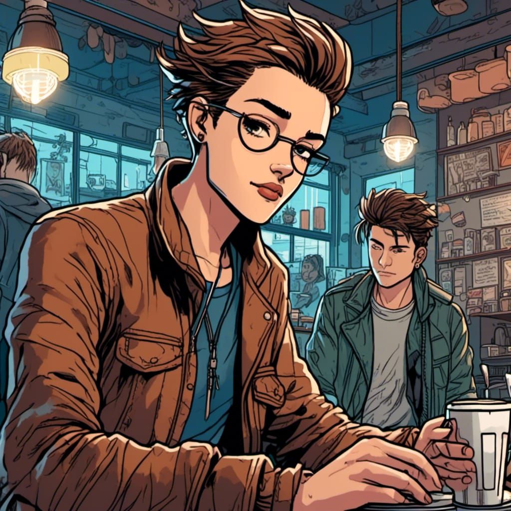 <lora:Comic Style:1.0> 20 year old androgynous person with a...