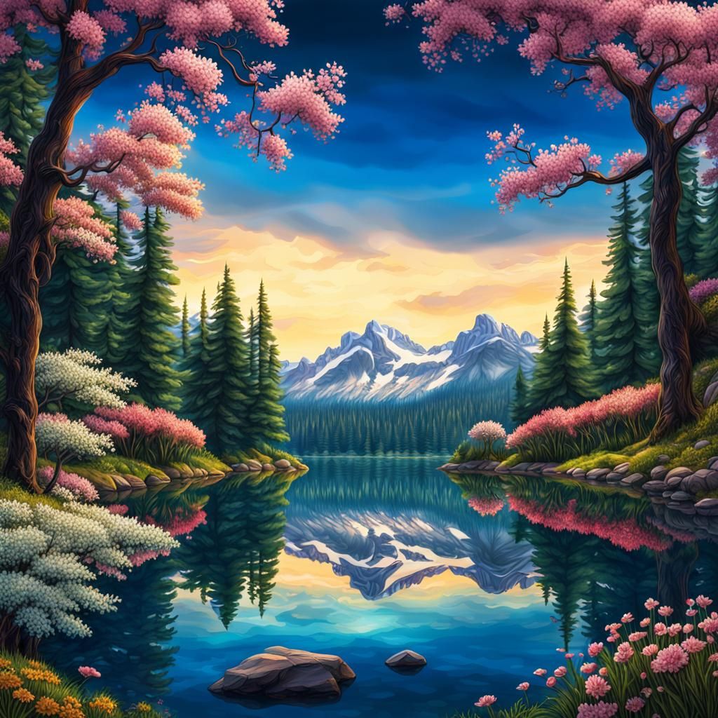A mountain lake with trees and flowers and intricate details, HDR, beautifully shot, hyperrealistic, sharp focus, 64 megapixels, perfect com...