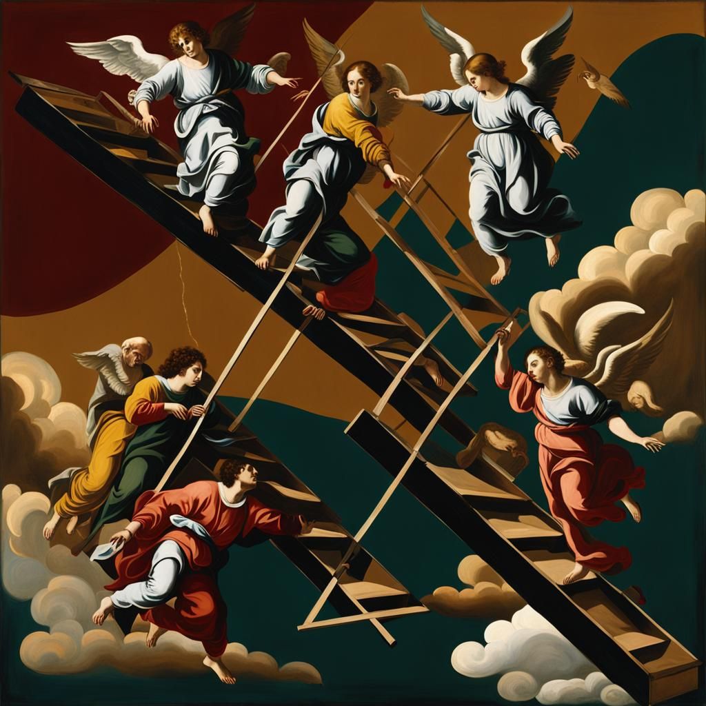 Style of Caravaggio, Jacob's ladder with angels ascending and descending from heaven to earth