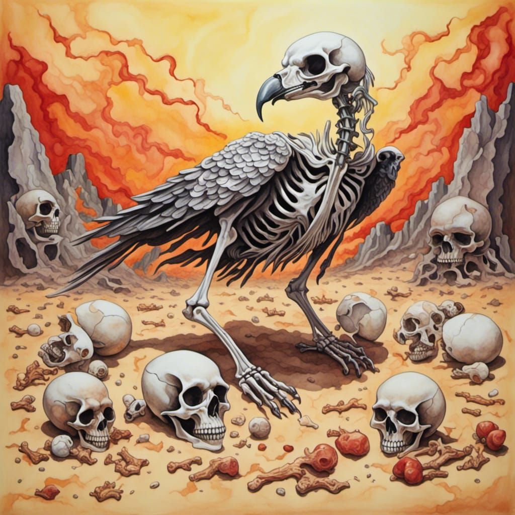 Skeleton and it’s pet vulture, scattered bones in the style of <lora:Hot Demonic Weather:1.0> 