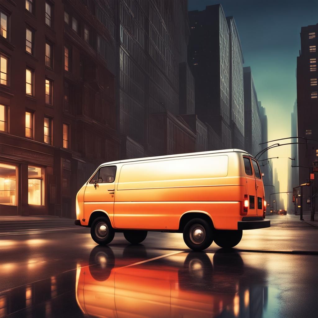 A cargo van reflecting the glow of the city, hyperrealistic,...