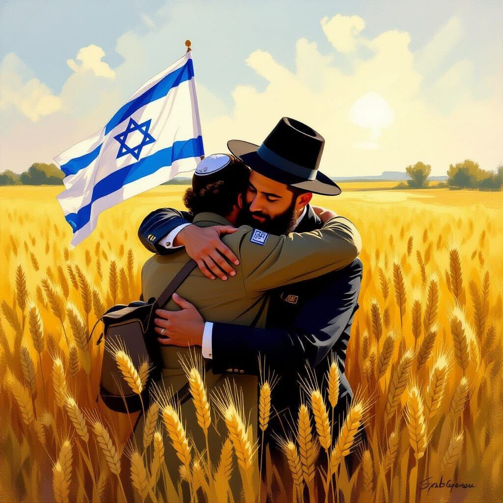 Israeli Soldier and Hasidic Man Embrace in Wheat Field