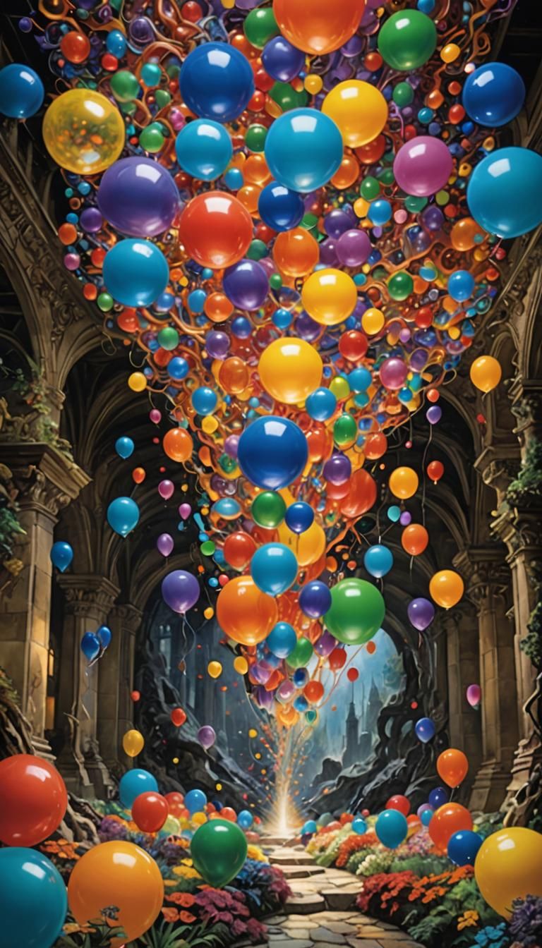 SURREALESTATE, A fractal Garden of Rainbow colored Flying Fractal patterned living Balloons  and Abstract Stone sculptur...