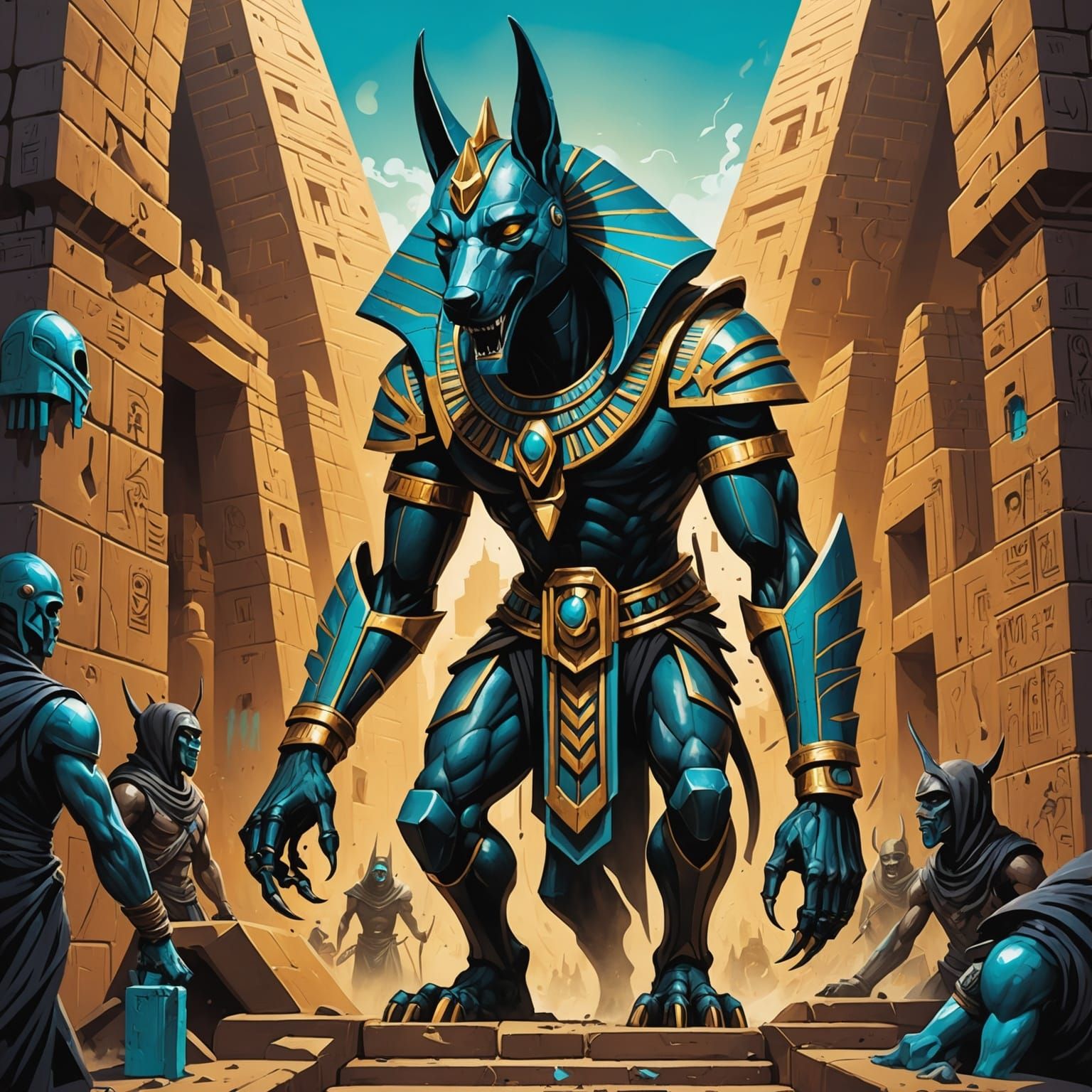 A mechanical anubis, god of death as he descending to a tomb under the pyramid. His disciples are following him from behind. 