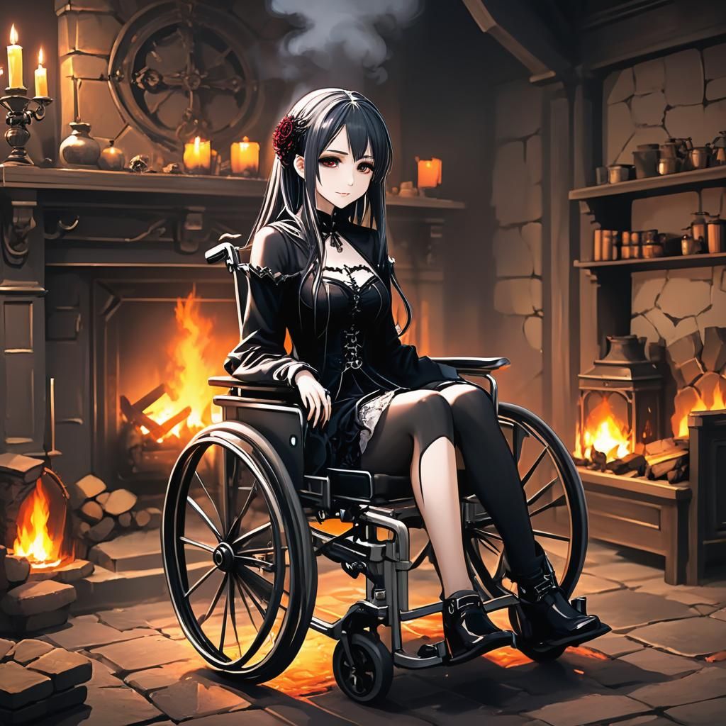 beautiful gothic girl sitting in a wheelchair, in front of a warm hearth. anime