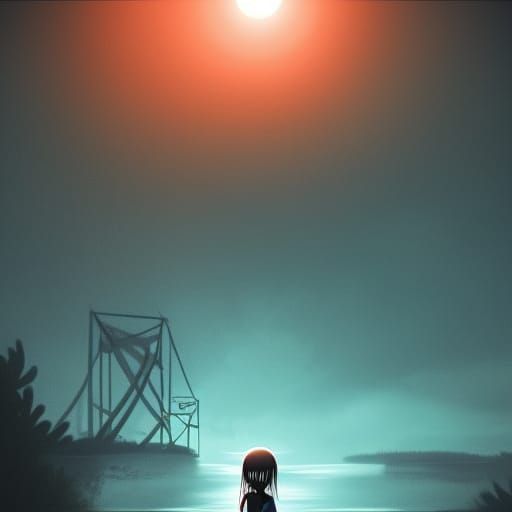 creepy girl standing on the edge of a bridge at night.