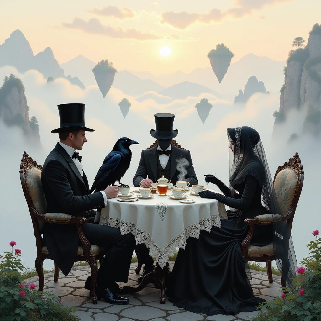 "Tea Party on the Edge of a Precipice in the Fog"

Image:
On a narrow ledge of a high mountain, barely visible through the thick fog, there ...