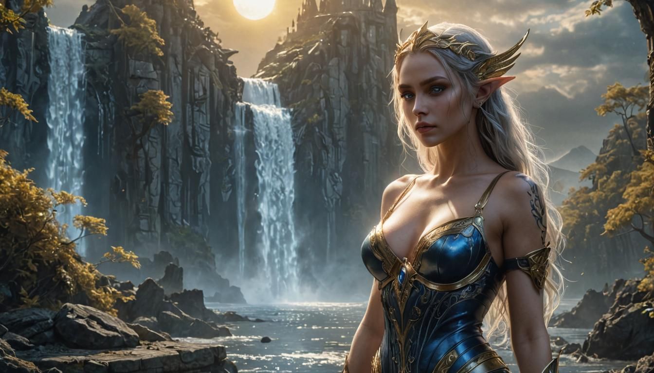 Dark fantasy concept art. Medium shot. An armored Darkness elf queen with large chest and gorgeous big blue eyes and with intricate gold tri...