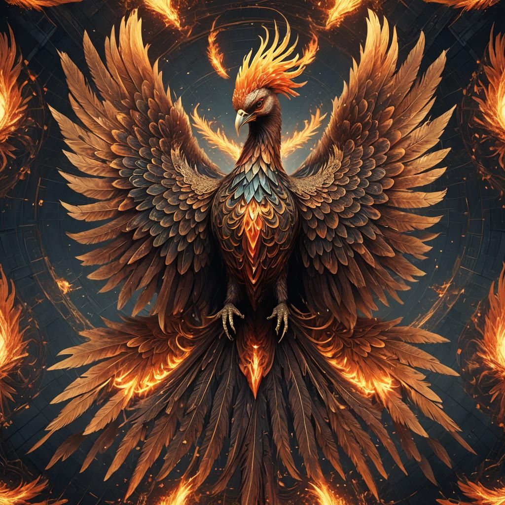 A detailed Phoenix bird . Large wings. Long tail feathers. M...
