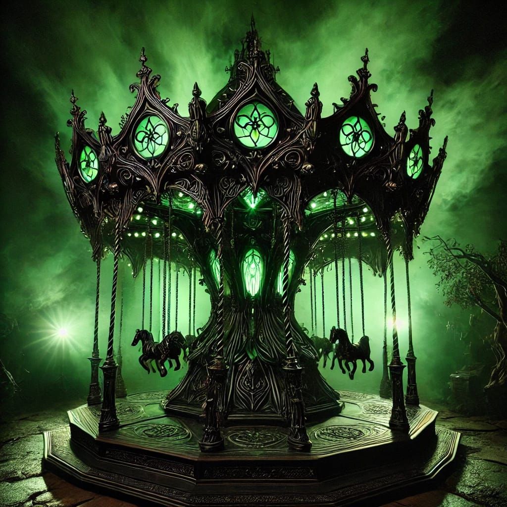 A gothic-themed carousel with a dark, necromantic magical ambiance. The carousel features eerie, enchanted animals like ...