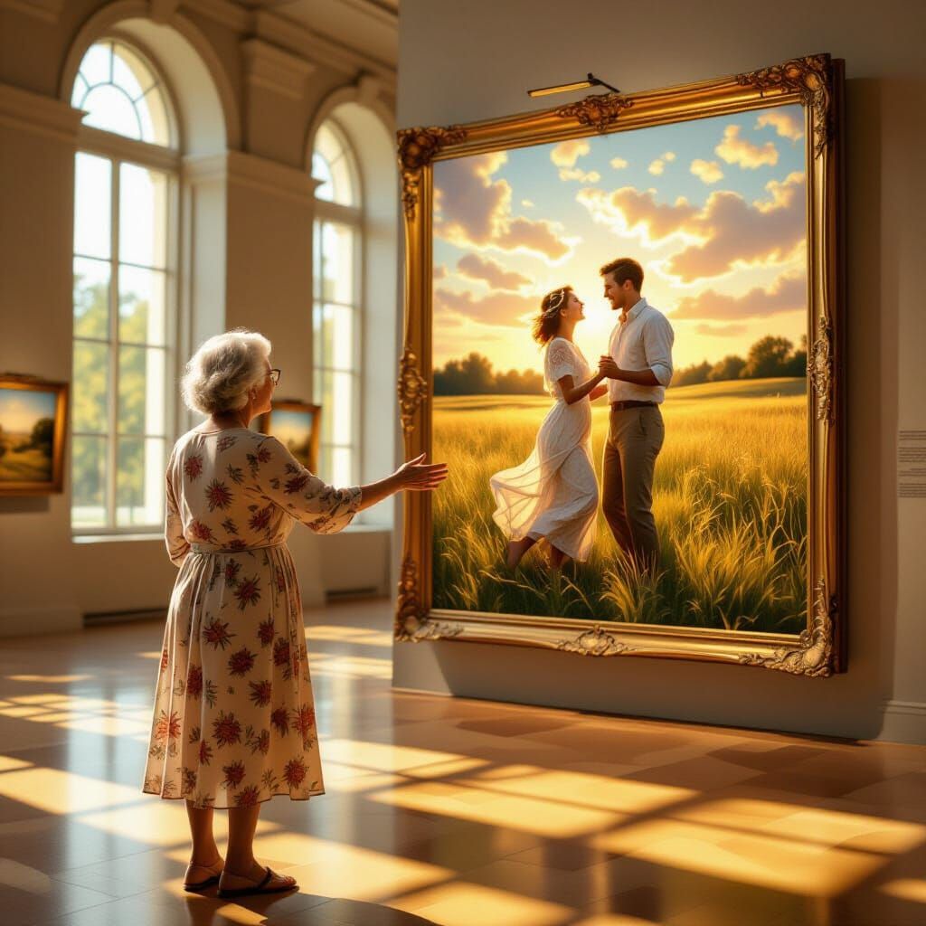 An elderly woman stands in a museum hall, facing a painting that perfectly captures a moment from her ...  by @mgafner