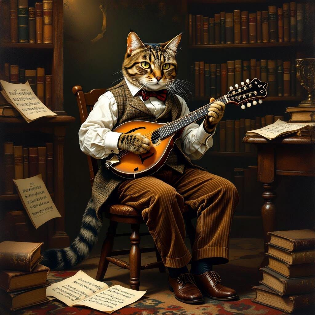 A classical painting depicts a dapper tabby seated on a worn wooden stool, skillfully playing a vintage mandolin. The tabby is dressed in a ...