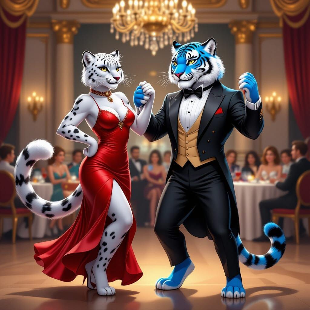 Anthro female snow leopard in a red leather dress dancing in an elegant ballroon with an anthro male blue tiger wearing a tuxedo

