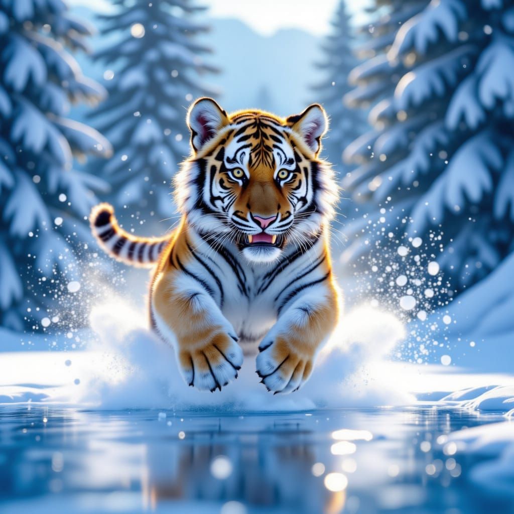 Tiger at lake during winter snowfall having fun in the snow <lora:Snow Tiger:1.0>