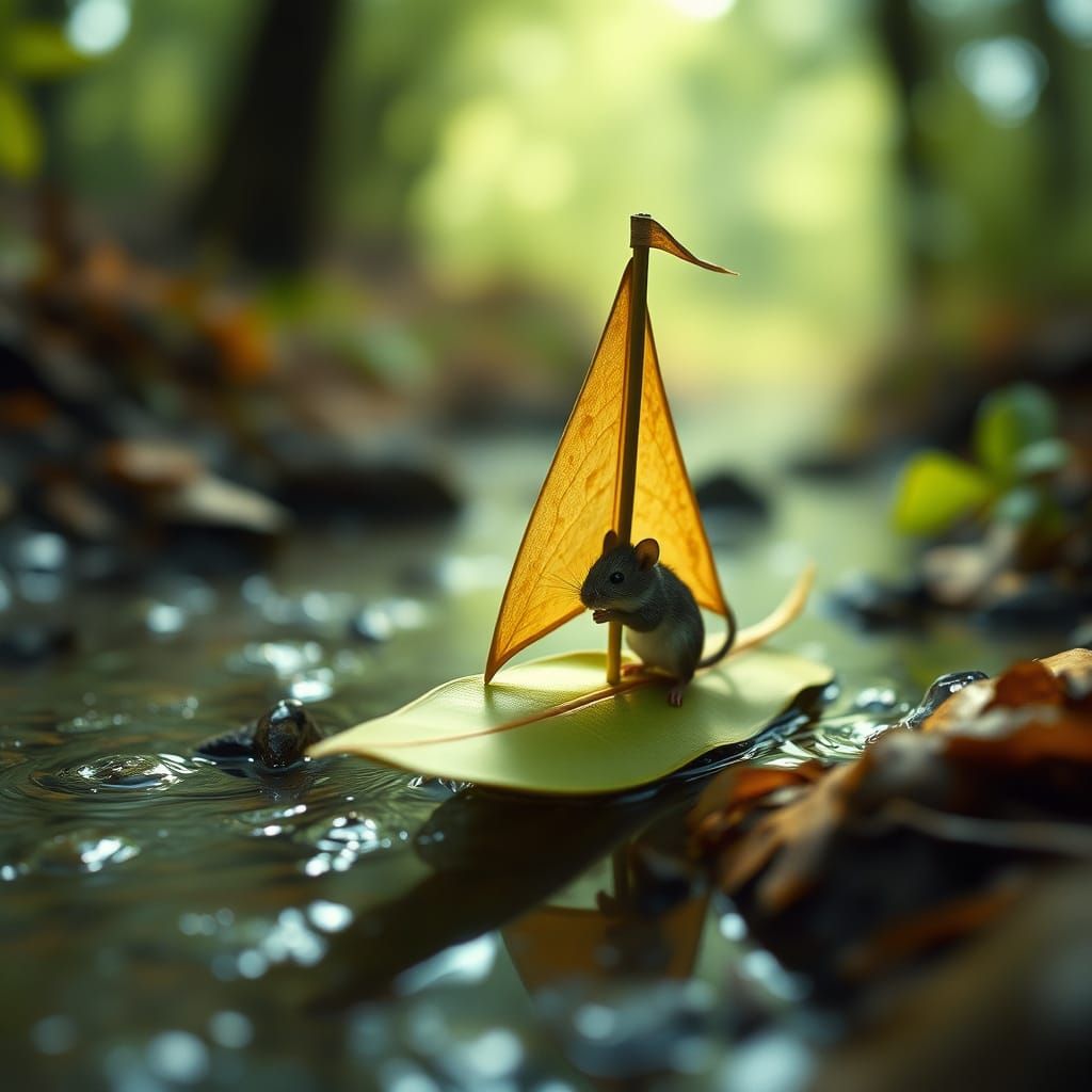 A tiny mouse riding a tiny sailboat made from a leaf through a forest stream.  by @Tangled Serendipity