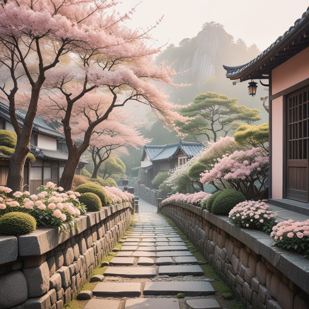 Whimsical Japanese Village Scene at Dusk  by @Lady on Fire