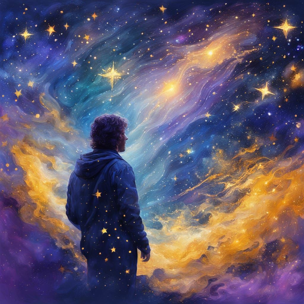 This fantasy double exposure image presents a captivating blend. In the foreground, you see the silhouette of a person seamlessly superimpos...