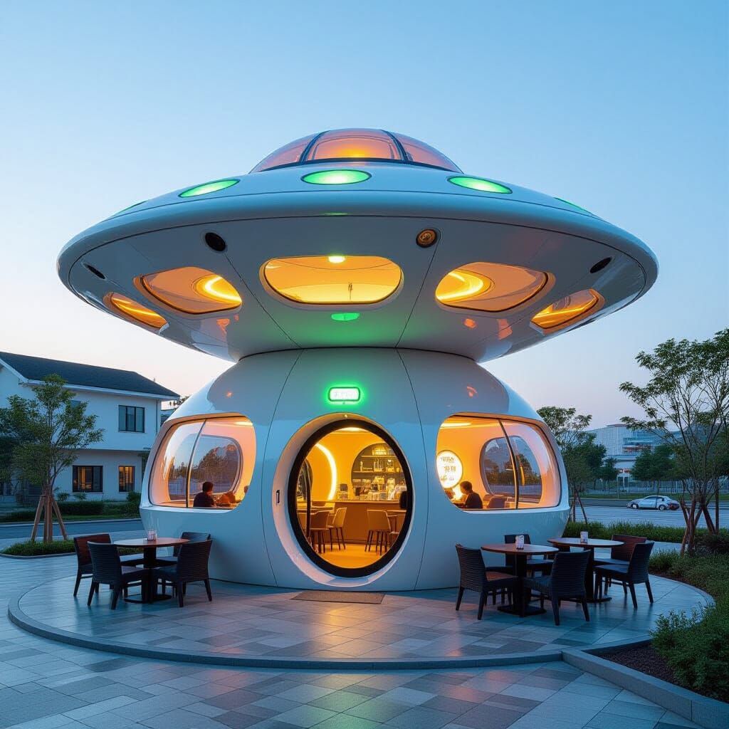 A cozy cafe with the shape of a UFO, their windows like lasser gun, futuristic door like floating or ...  by @Jose