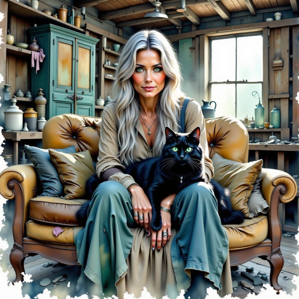 A beautiful woman, 60 years old, facing the viewer, very long silver hair and aqua green eyes, post-apocalyptic scene, sitting on a couch wi...