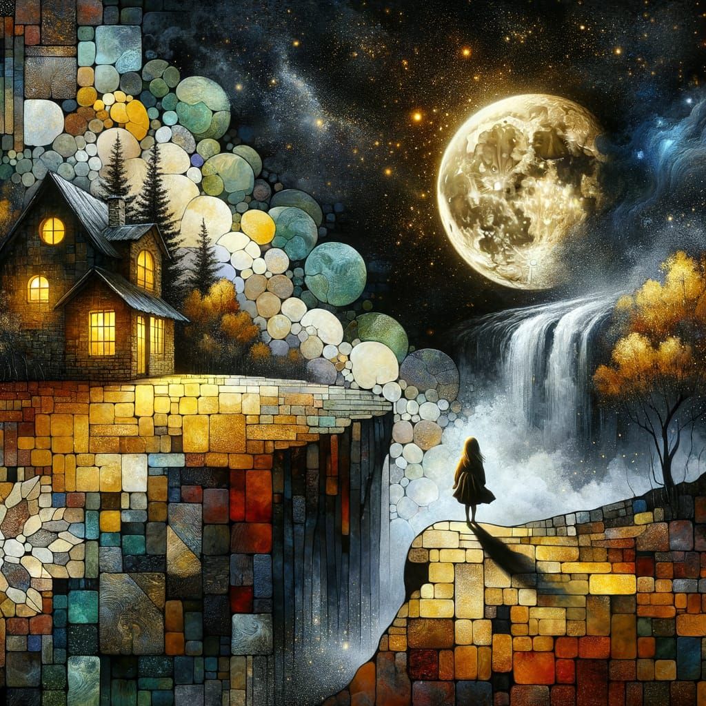 ^^Moonlit Edge of Dreams, Starry path to waterfall, House glows in the night  by @Little Rainbow