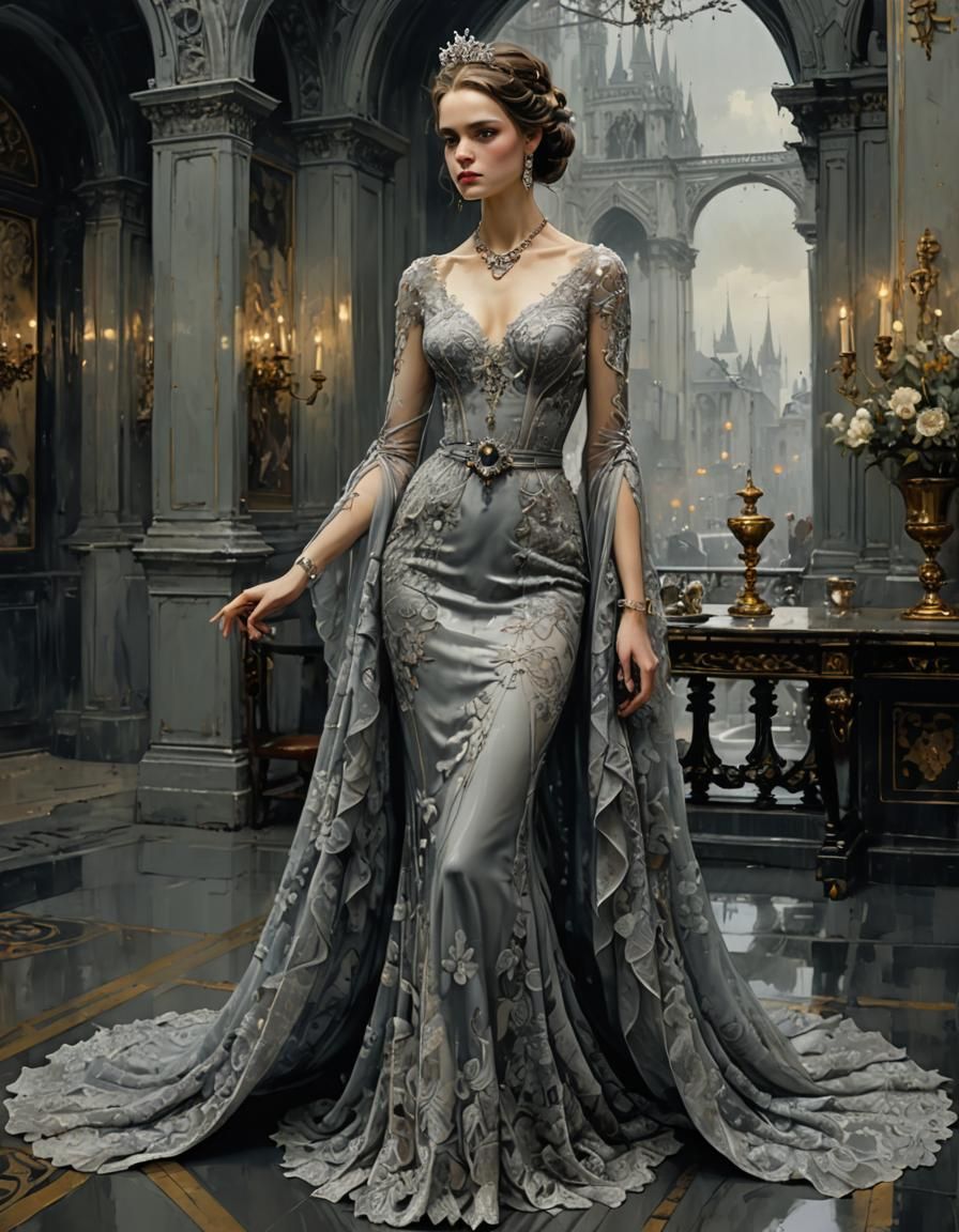 ““Full body portrait of a beautiful model in a valuable exclusive evening dress made of grey lace silk, ...  by @Angelika