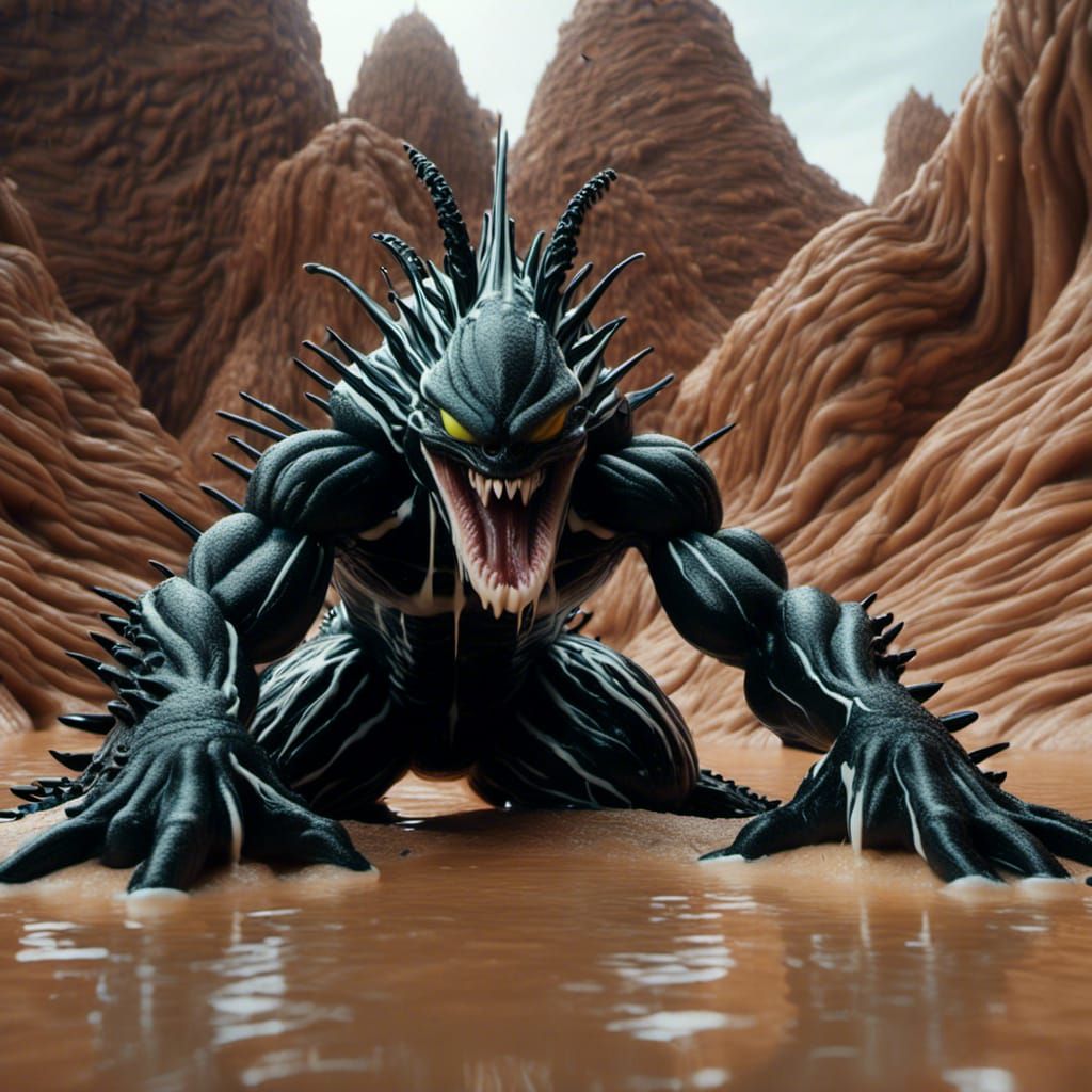 <lora:Symbiotic:1.0> a formidable black muscled xenomorph,  white liquid slimy spiky stripes, sitting down looking mean at the viewer, in a...