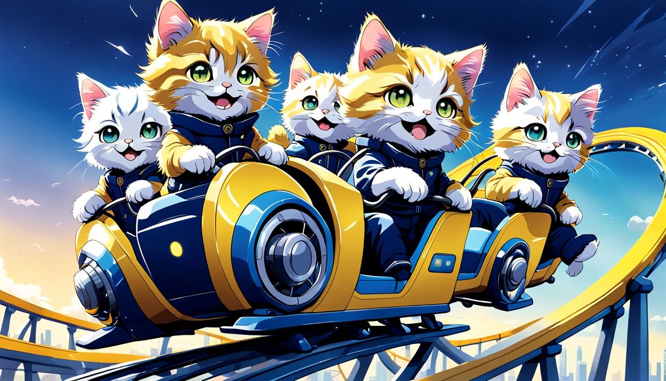 Fluffy kittens riding a futuristic rollercoaster