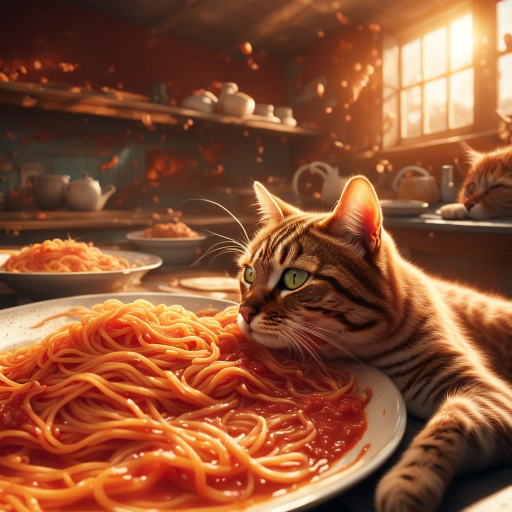 Cat eating spaghetti