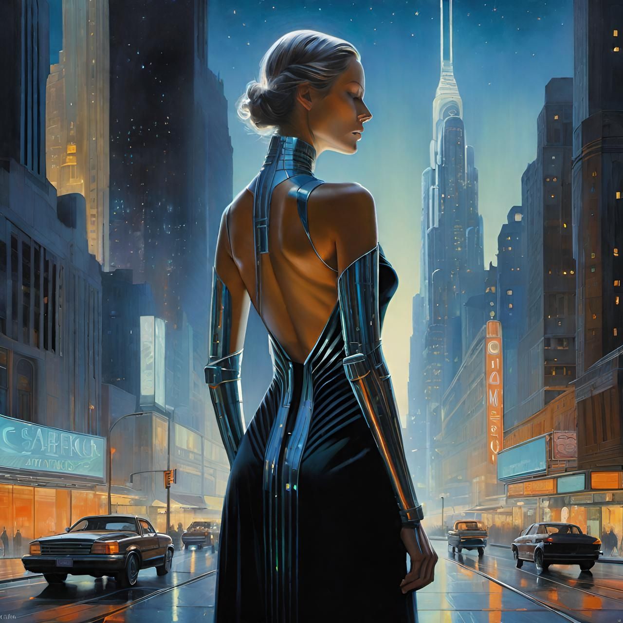 Woman in a minimalist, art-deco cityscape, her body sculpted from polished chrome and glowing neon