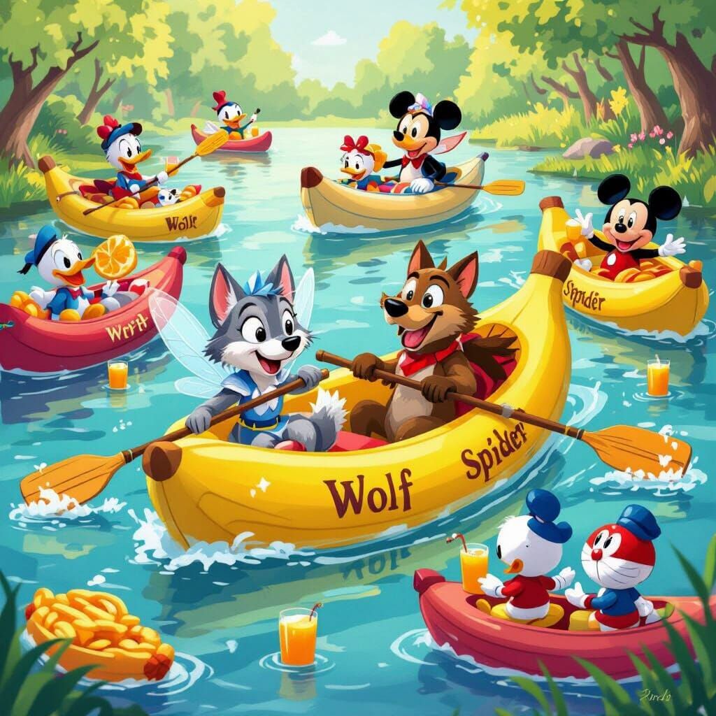 Whimsical Fairy Tale Race with Wolf, Spider, and Cartoon Fri...