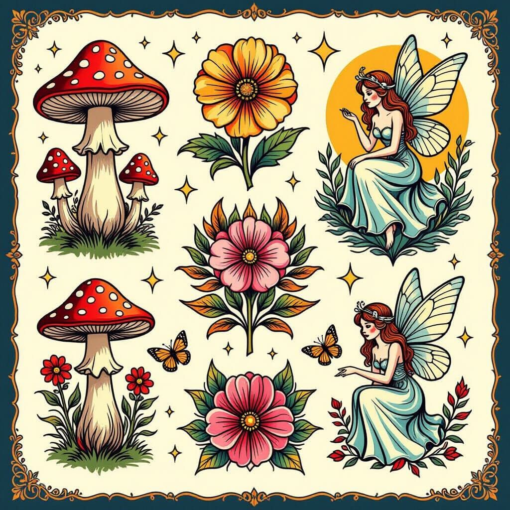 Enchanted Forest Tattoo Flash Sheet in Storybook Style