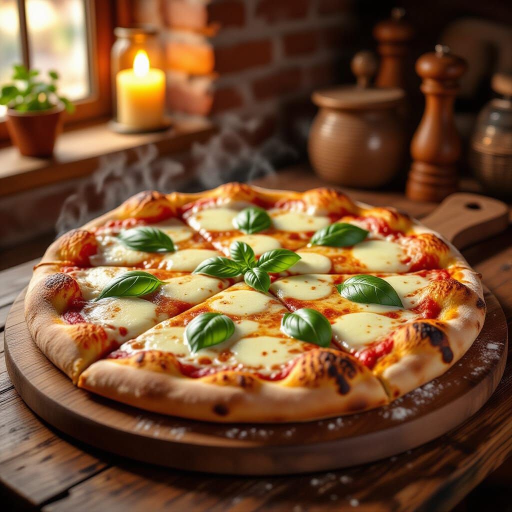 Giant Cheesy Pizza with Basil in Vivid Colors