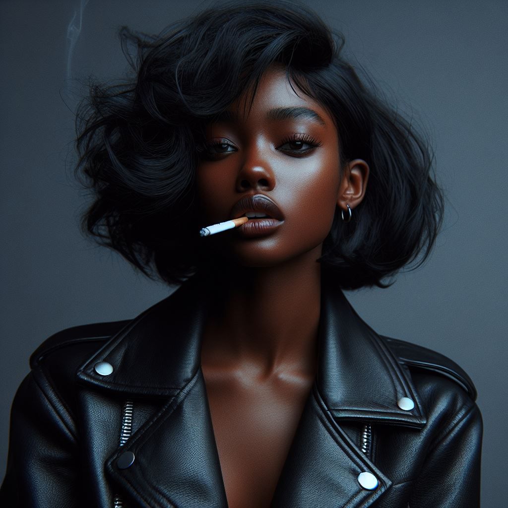 Beautiful black woman posing in leather