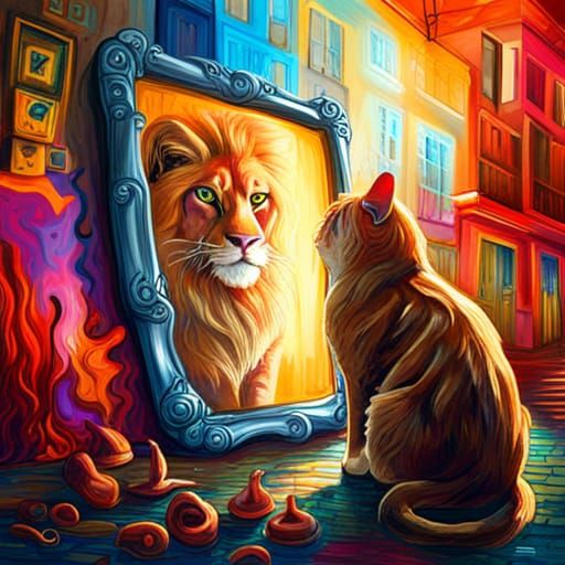 Cat looking at himself in a 8 mirror is there is a 1900 lion