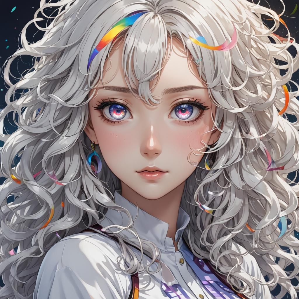 Anime Girl with White Hair and Rainbow Eyes