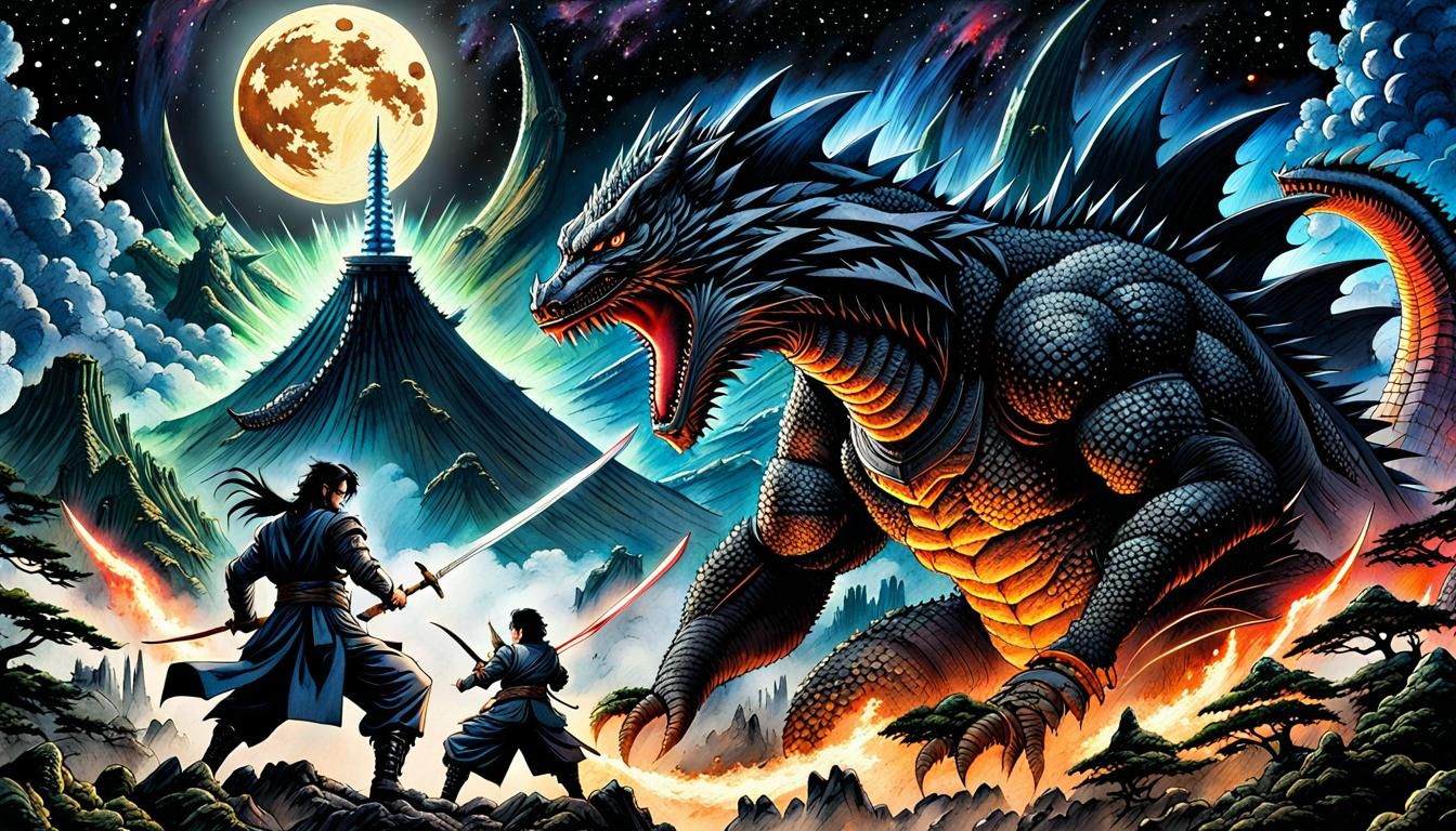 Master Mahito and Takasugi in battle with godzilla  by @Rubblesby