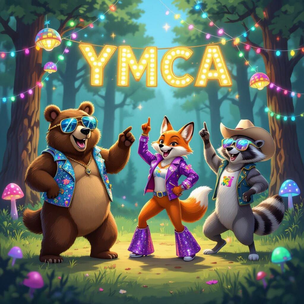 On a sunny forest clearing, a group of anthropomorphic animals are joyfully dancing to the iconic disco song “YMCA” by the Village People. T...