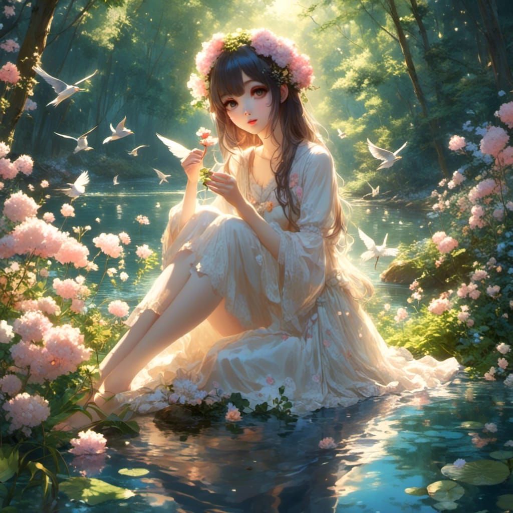 <lora:Anime Art:1.0> painting of a beautiful girl, forest, lake, sunlight , flowers, birds,  by artist "anime", Anime Key Visual, Japanese M...