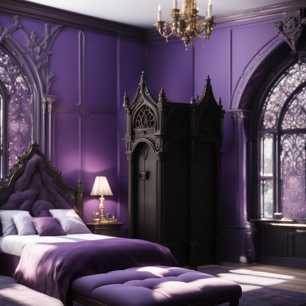 Complex Realistically Detailed Purple Gothic Bedroom With Purple Walls   PGWABDj9zTAtKHq29jbl  1  Cfark 